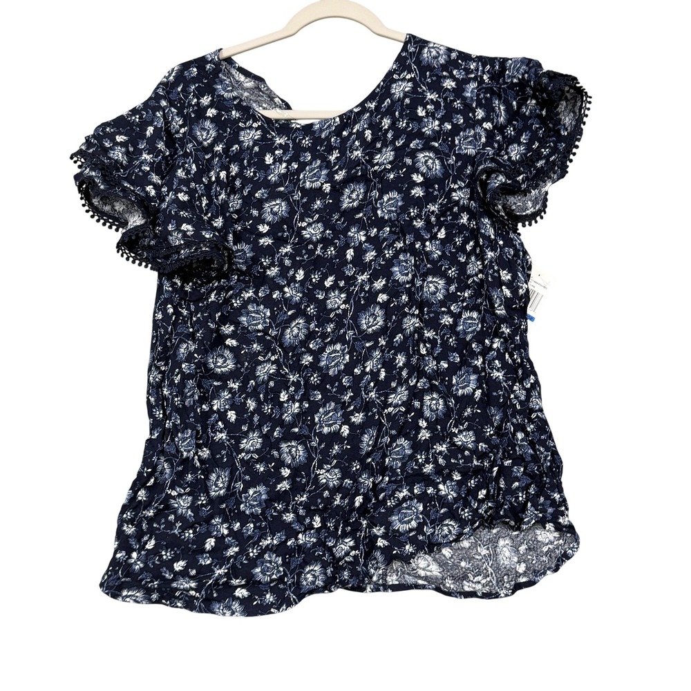 Angels Forever Young Blouse Womens XL Blue Peacoat Floral Flutter Sleeve Top